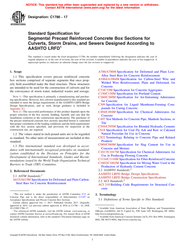 ASTM C1786-17 - Standard Specification for Segmental Precast Reinforced Concrete Box Sections for Culverts,  Storm Drains, and Sewers Designed According to AASHTO LRFD