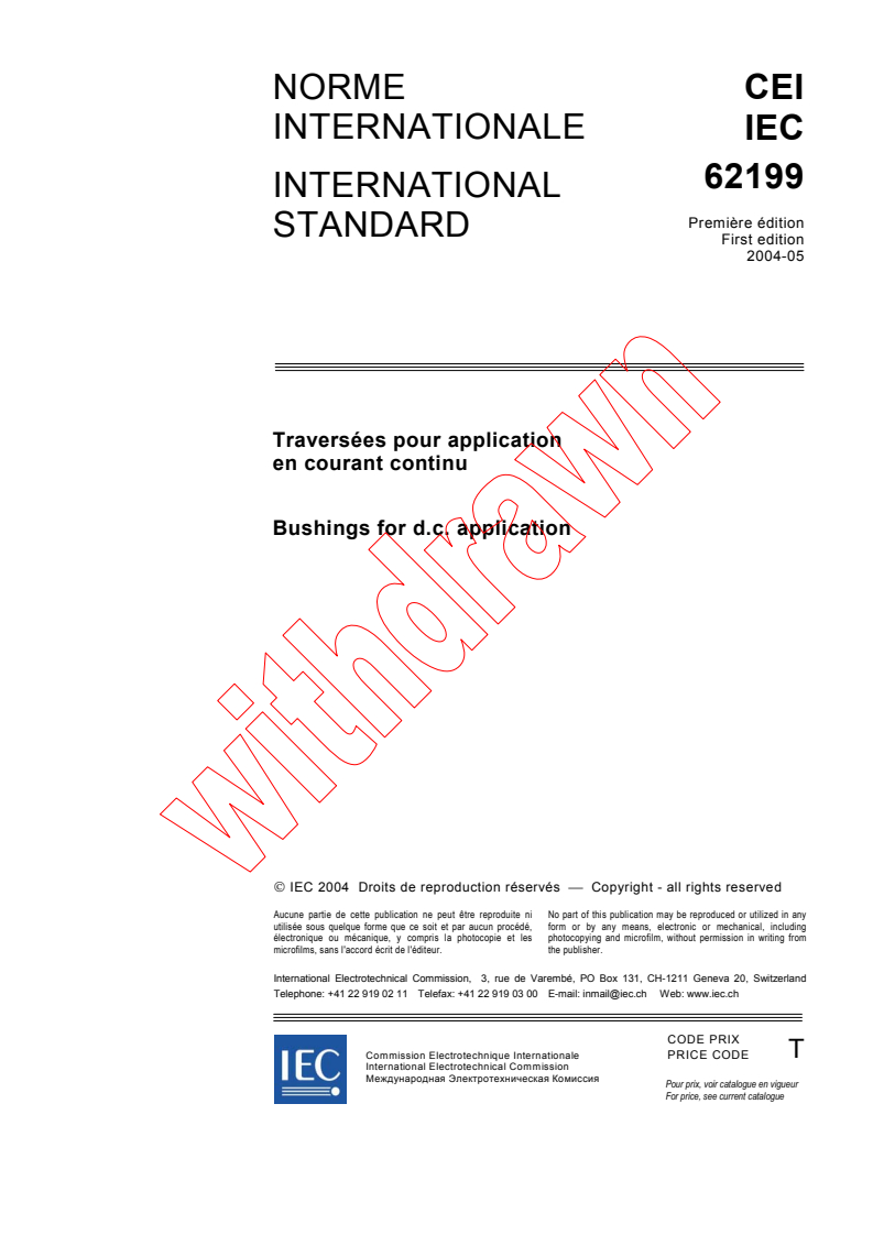 IEC 62199:2004 - Bushings for d.c. application
Released:5/14/2004
Isbn:2831874831