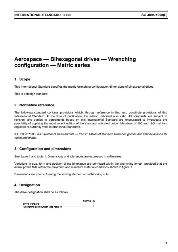 ISO 4095:1998 - Aerospace -- Bihexagonal drives -- Wrenching configuration -- Metric series