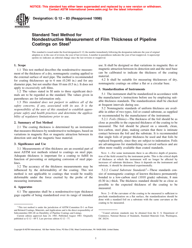ASTM G12-83(1998) - Standard Test Method for Nondestructive Measurement of Film Thickness of Pipeline Coatings on Steel