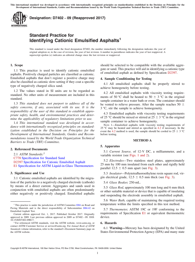 ASTM D7402-09(2017) - Standard Practice for  Identifying Cationic Emulsified Asphalts