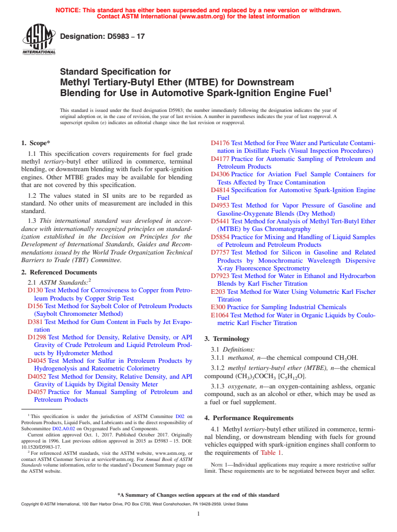 ASTM D5983-17 - Standard Specification for  Methyl Tertiary-Butyl Ether (MTBE) for Downstream Blending   for Use in Automotive Spark-Ignition Engine Fuel