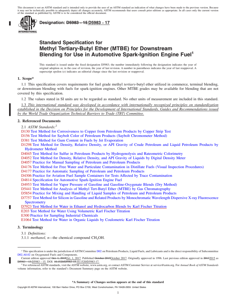 REDLINE ASTM D5983-17 - Standard Specification for  Methyl Tertiary-Butyl Ether (MTBE) for Downstream Blending   for Use in Automotive Spark-Ignition Engine Fuel