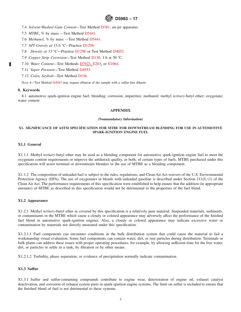 REDLINE ASTM D5983-17 - Standard Specification for  Methyl Tertiary-Butyl Ether (MTBE) for Downstream Blending   for Use in Automotive Spark-Ignition Engine Fuel