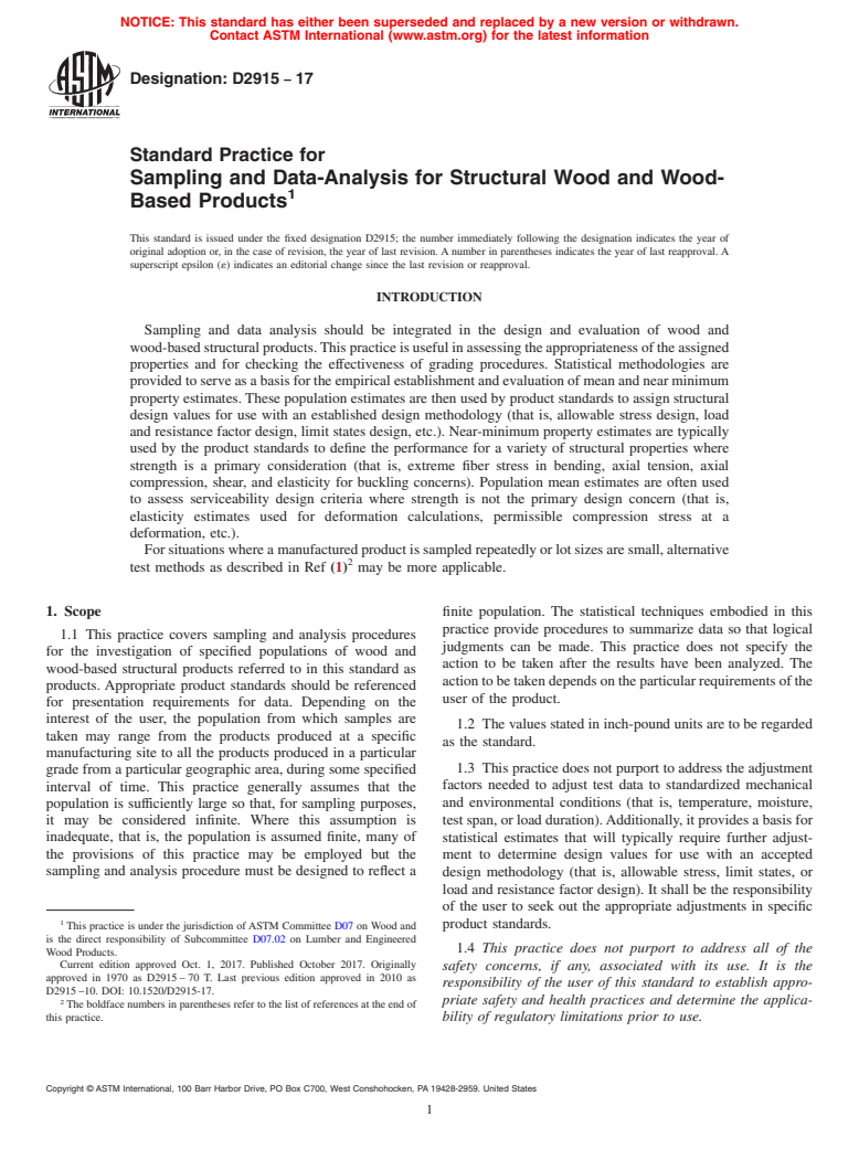 ASTM D2915-17 - Standard Practice for  Sampling and Data-Analysis for Structural Wood and Wood-Based   Products