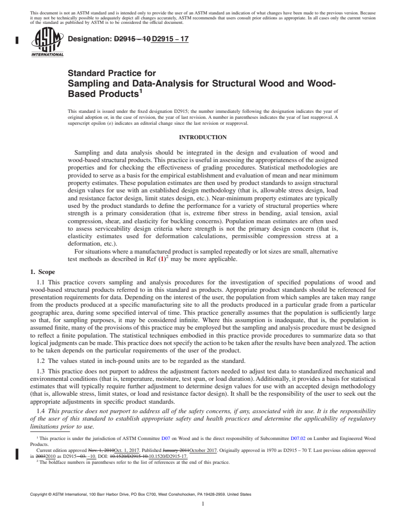 REDLINE ASTM D2915-17 - Standard Practice for  Sampling and Data-Analysis for Structural Wood and Wood-Based   Products