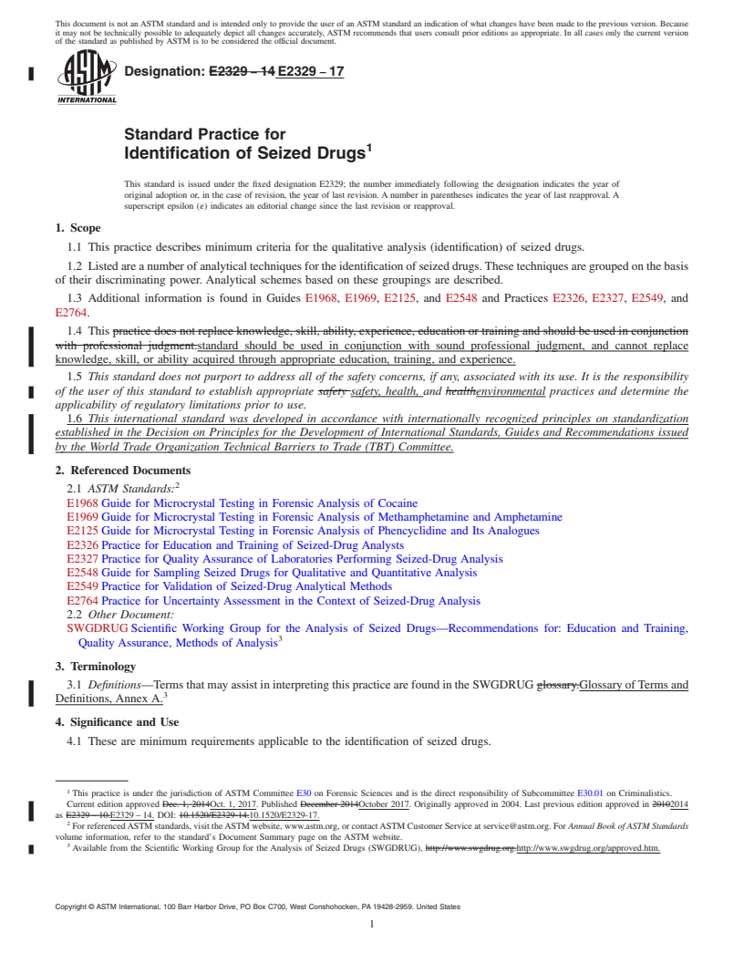REDLINE ASTM E2329-17 - Standard Practice for  Identification of Seized Drugs