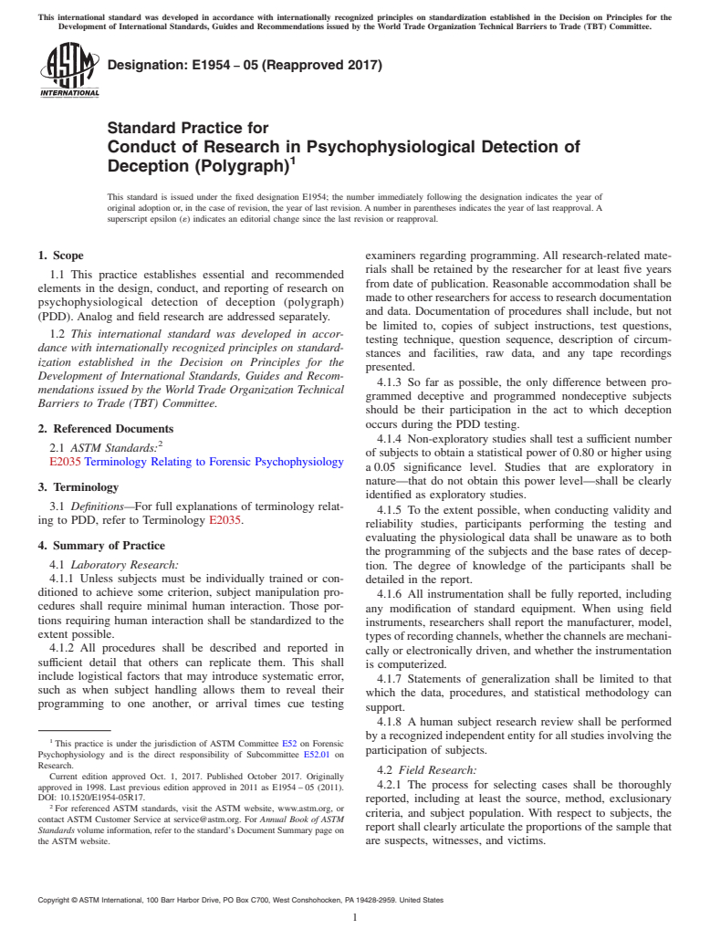 ASTM E1954-05(2017) - Standard Practice for  Conduct of Research in Psychophysiological Detection of Deception  (Polygraph)