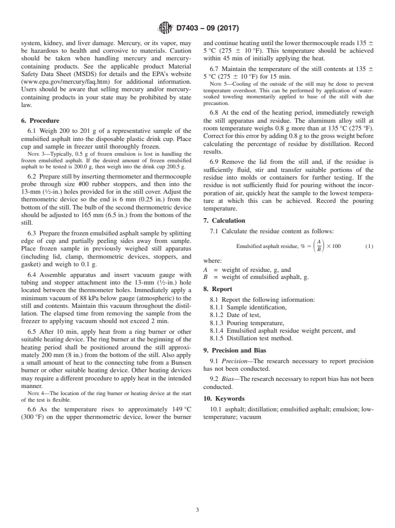 ASTM D7403-09(2017) - Standard Test Method for  Determination of Residue of Emulsified Asphalt by Low-Temperature  Vacuum Distillation