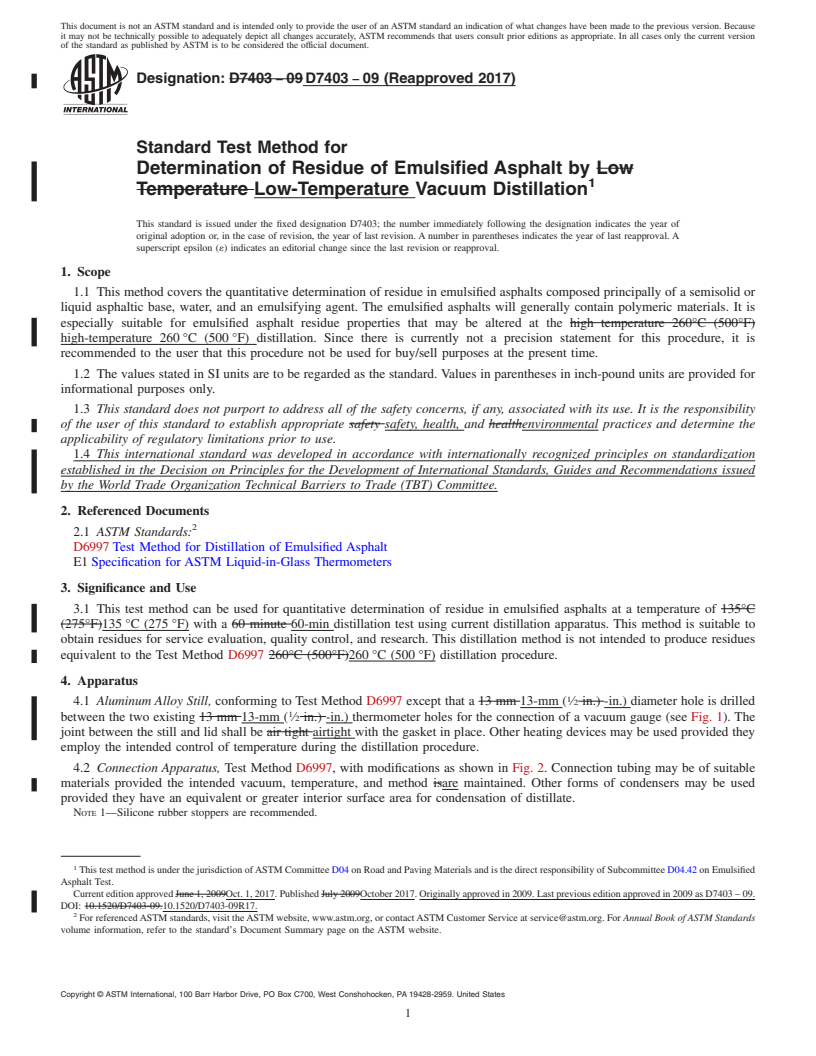 REDLINE ASTM D7403-09(2017) - Standard Test Method for  Determination of Residue of Emulsified Asphalt by Low-Temperature  Vacuum Distillation