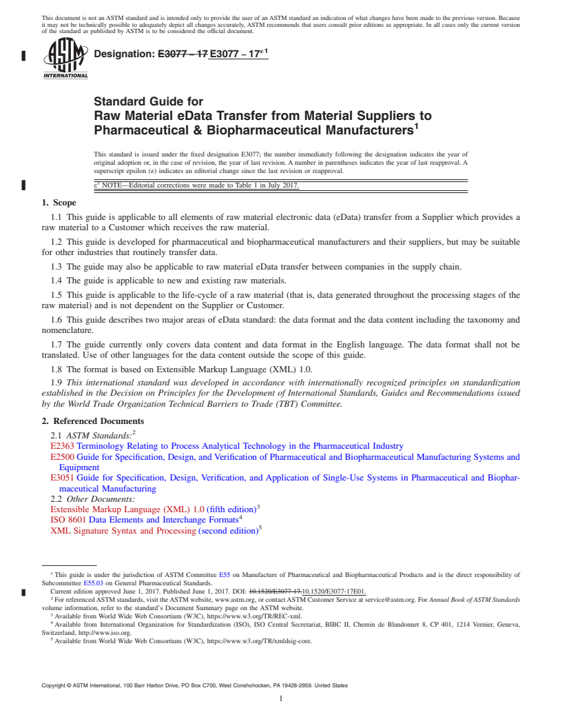 REDLINE ASTM E3077-17e1 - Standard Guide for Raw Material eData Transfer from Material Suppliers to Pharmaceutical  &amp; Biopharmaceutical Manufacturers