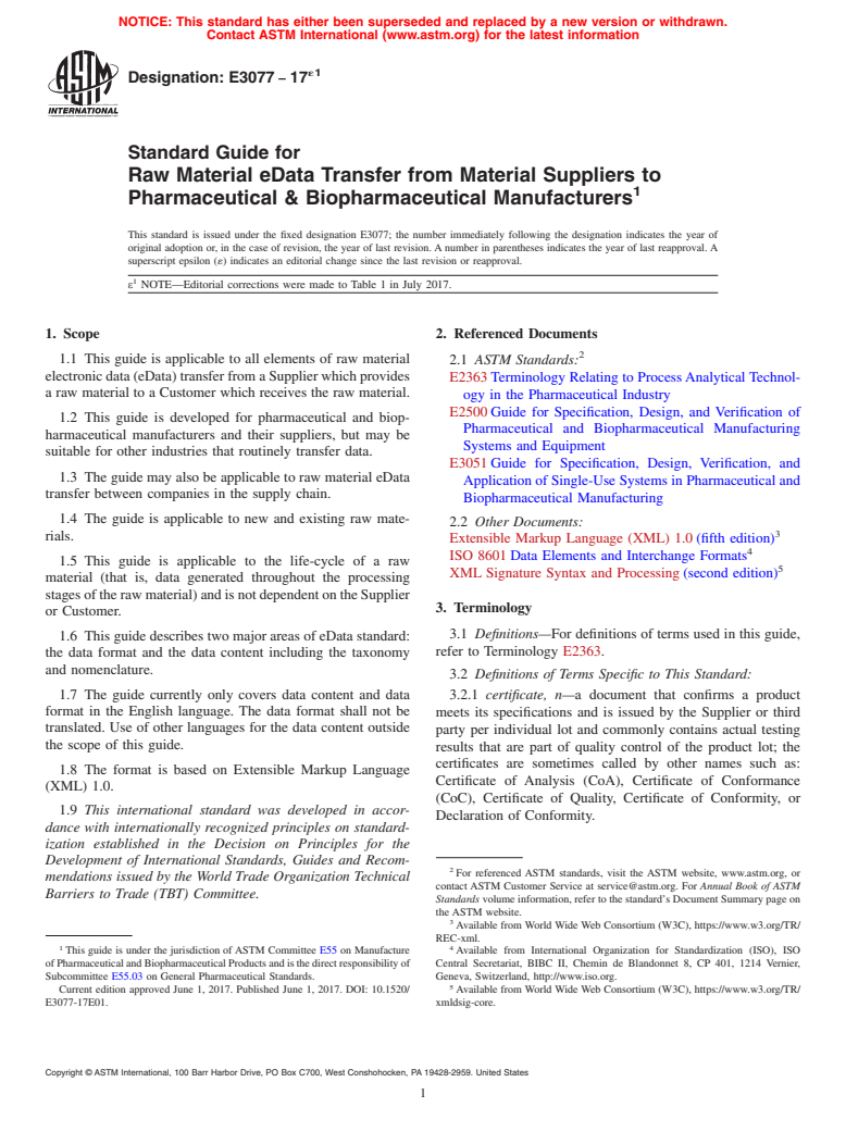 ASTM E3077-17e1 - Standard Guide for Raw Material eData Transfer from Material Suppliers to Pharmaceutical  &amp; Biopharmaceutical Manufacturers
