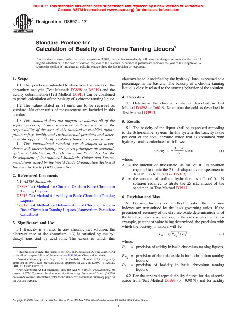 ASTM D3897-17 - Standard Practice for  Calculation of Basicity of Chrome Tanning Liquors