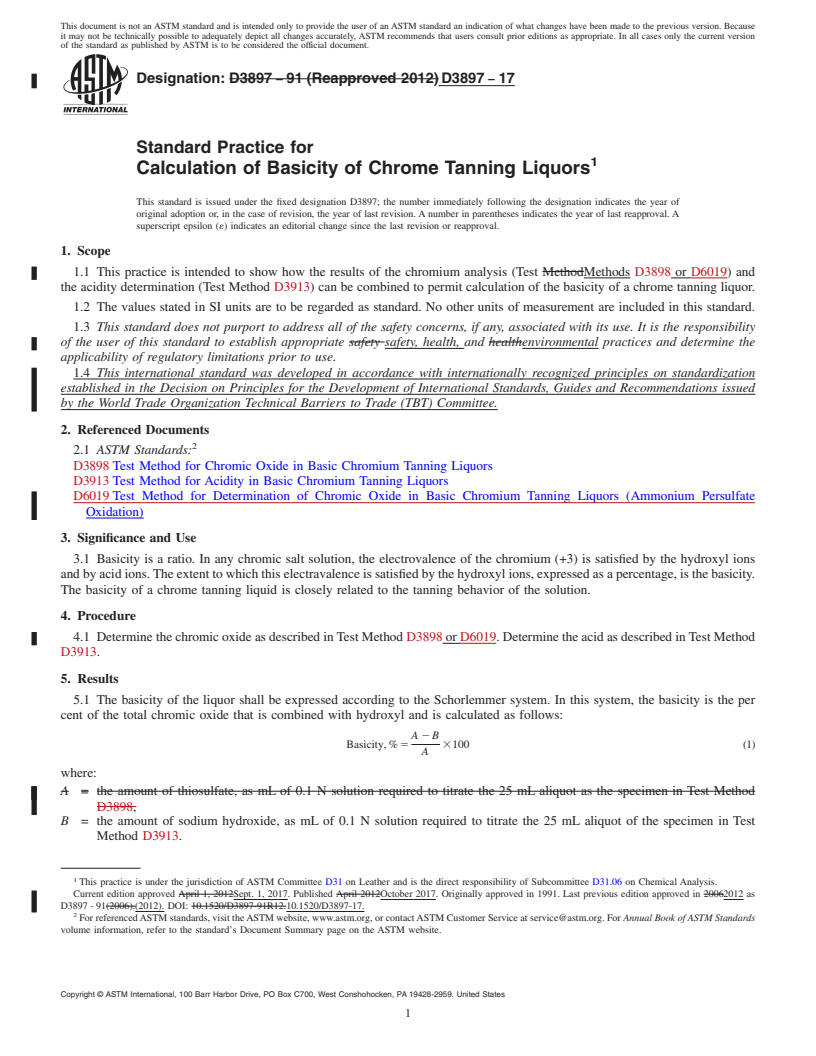 REDLINE ASTM D3897-17 - Standard Practice for  Calculation of Basicity of Chrome Tanning Liquors