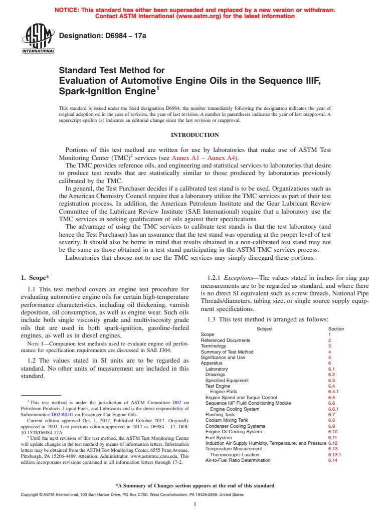 ASTM D6984-17a - Standard Test Method for Evaluation of Automotive Engine Oils in the Sequence IIIF,  Spark-Ignition Engine