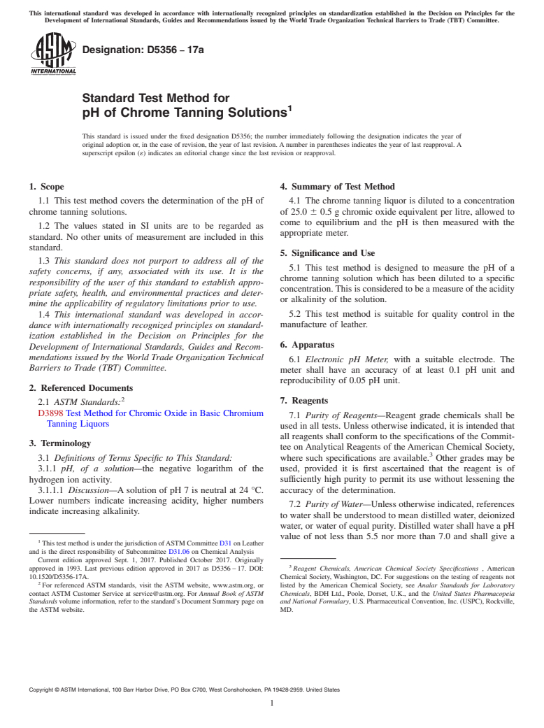 ASTM D5356-17a - Standard Test Method for  pH of Chrome Tanning Solutions