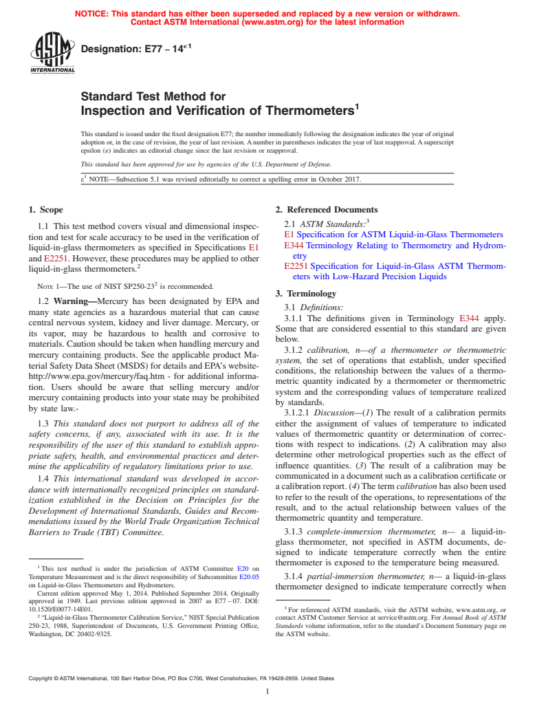 ASTM E77-14e1 - Standard Test Method for  Inspection and Verification of Thermometers