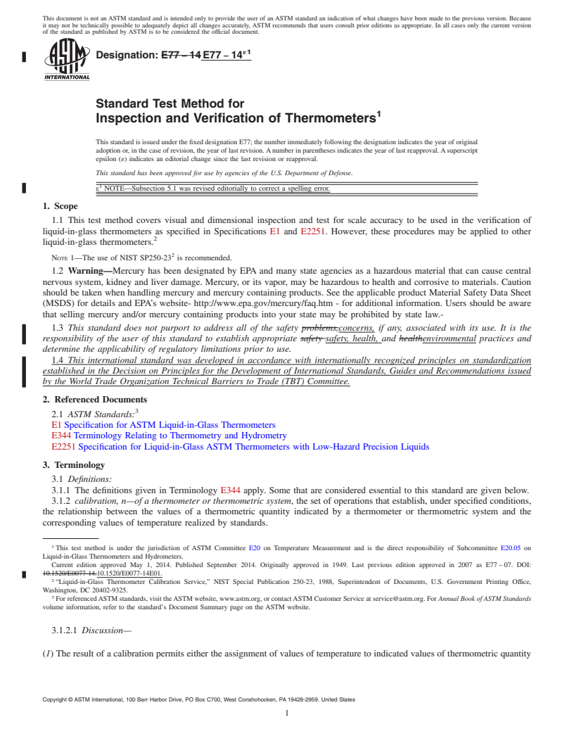 REDLINE ASTM E77-14e1 - Standard Test Method for  Inspection and Verification of Thermometers