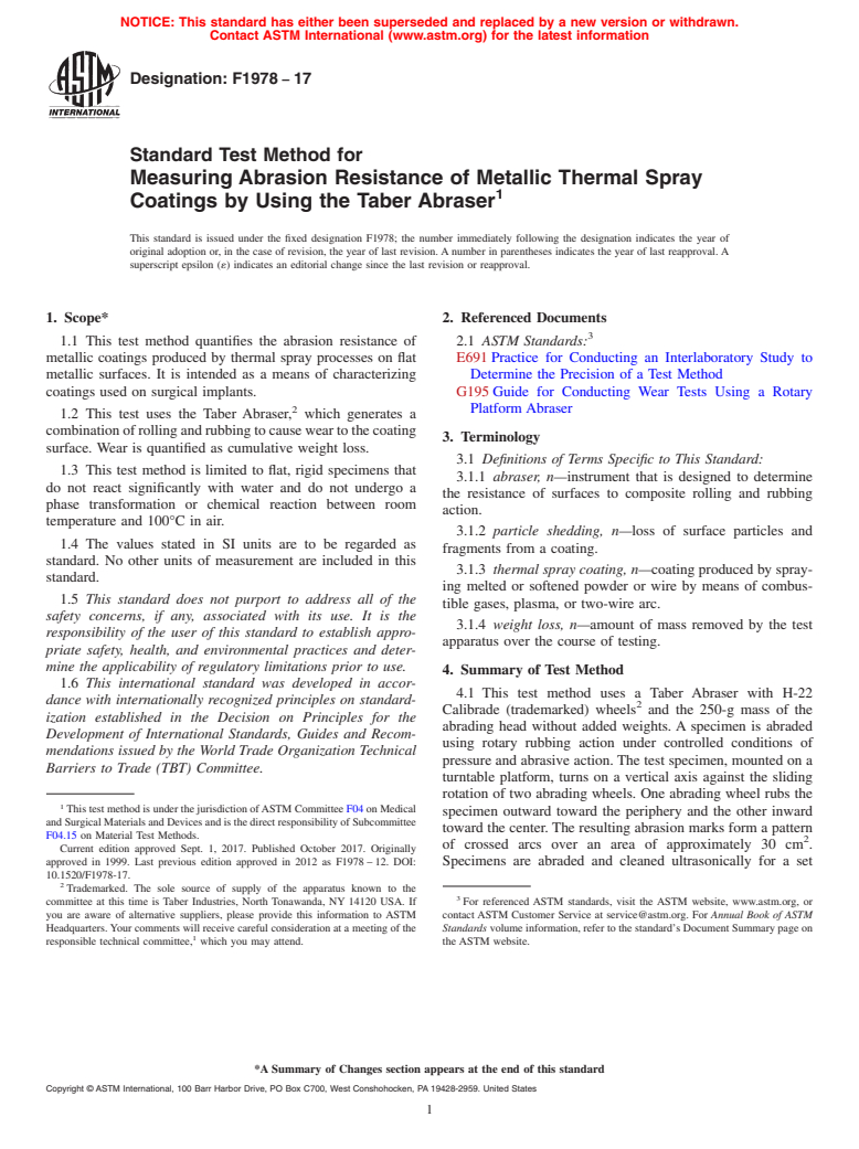 ASTM F1978-17 - Standard Test Method for  Measuring Abrasion Resistance of Metallic Thermal Spray Coatings  by Using the Taber Abraser