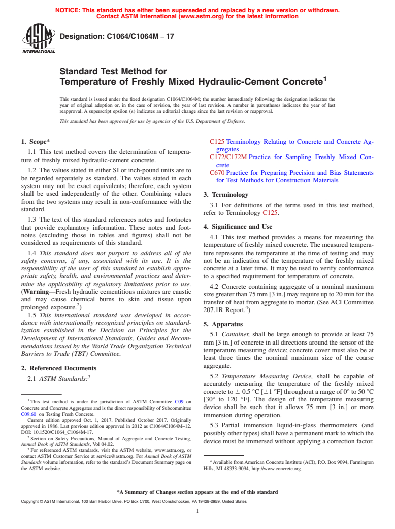 ASTM C1064/C1064M-17 - Standard Test Method for  Temperature of Freshly Mixed Hydraulic-Cement Concrete