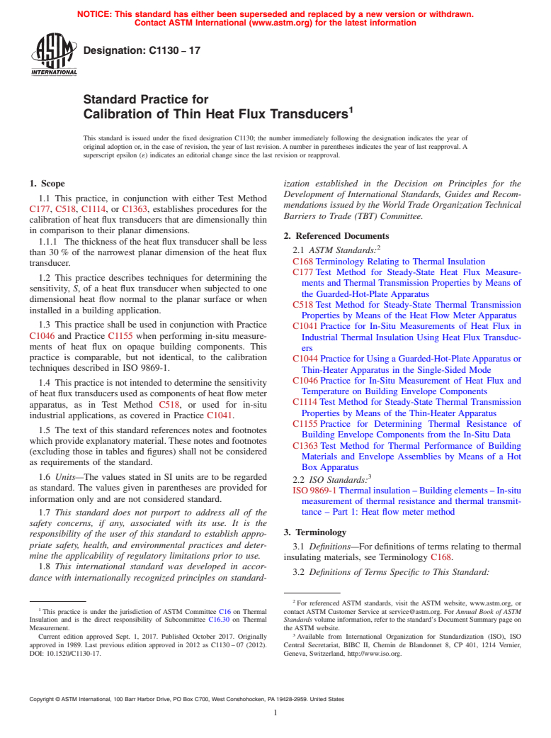 ASTM C1130-17 - Standard Practice for Calibration of Thin Heat Flux Transducers