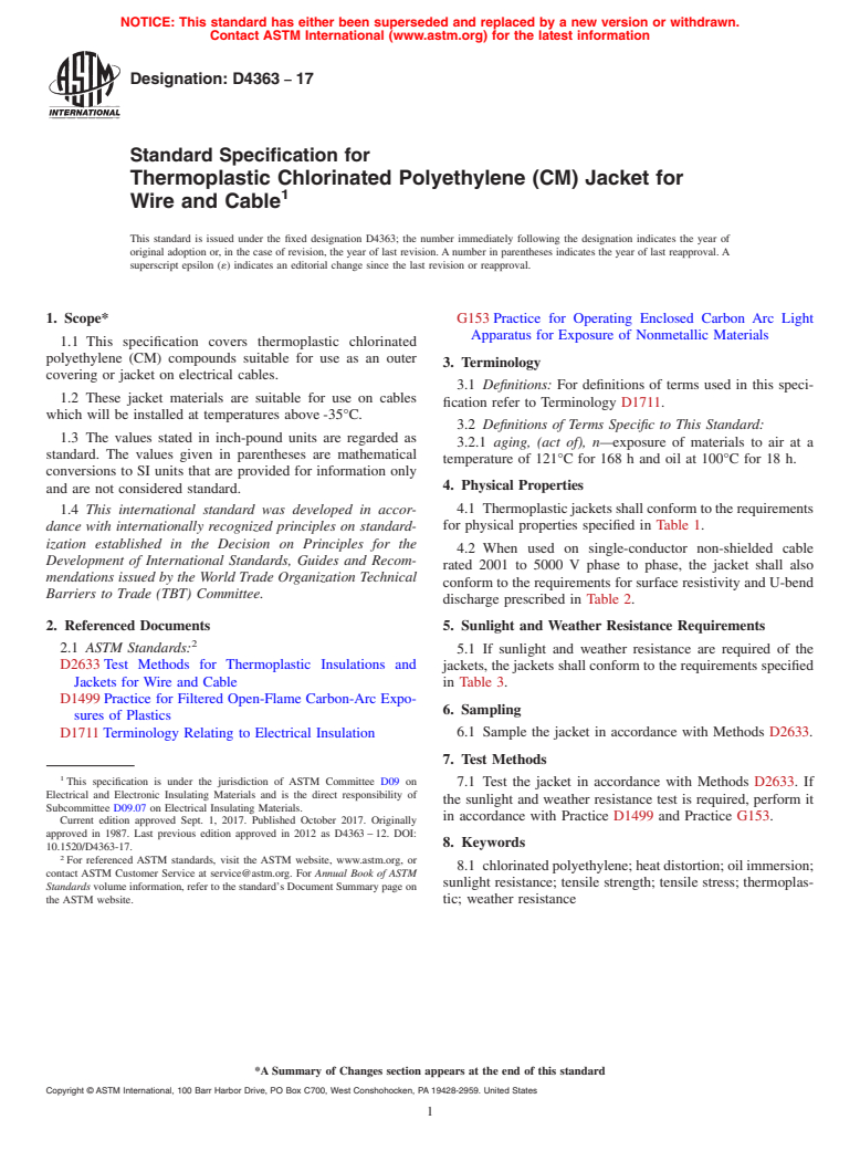 ASTM D4363-17 - Standard Specification for  Thermoplastic Chlorinated Polyethylene (CM) Jacket for Wire   and Cable