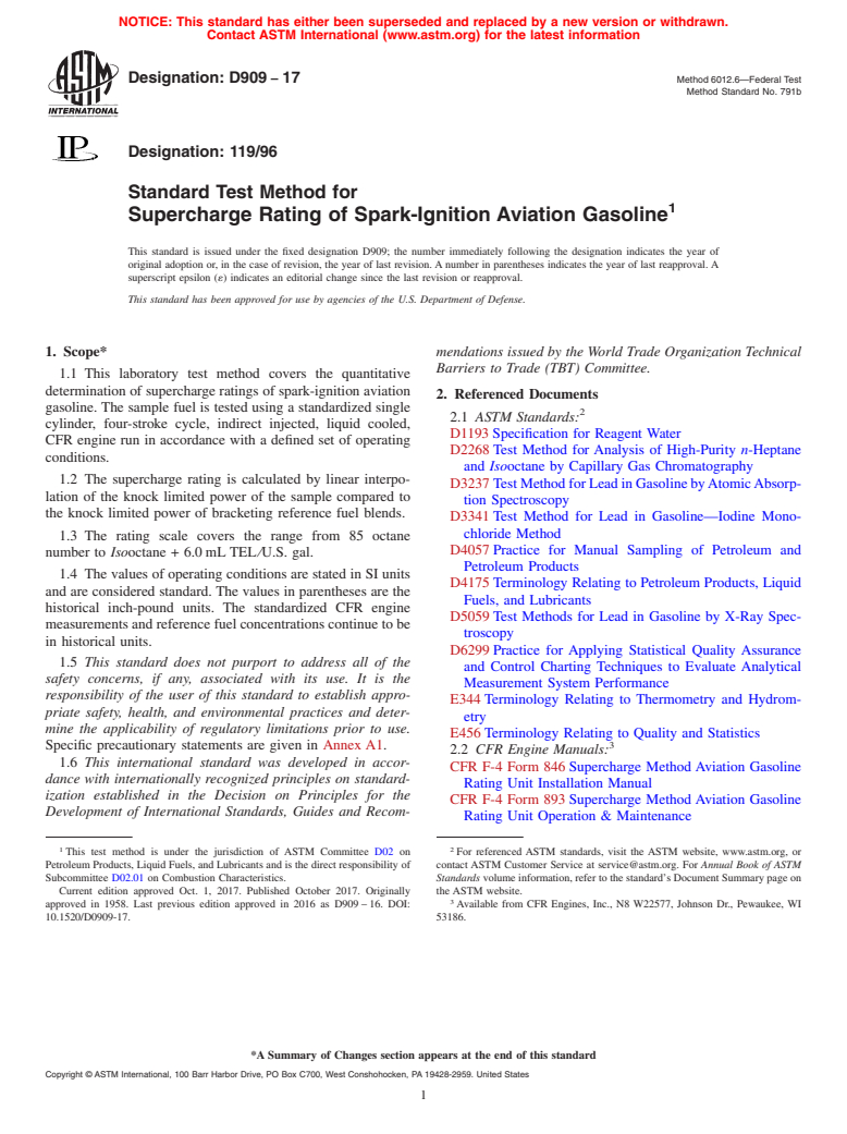 ASTM D909-17 - Standard Test Method for Supercharge Rating of Spark-Ignition Aviation Gasoline