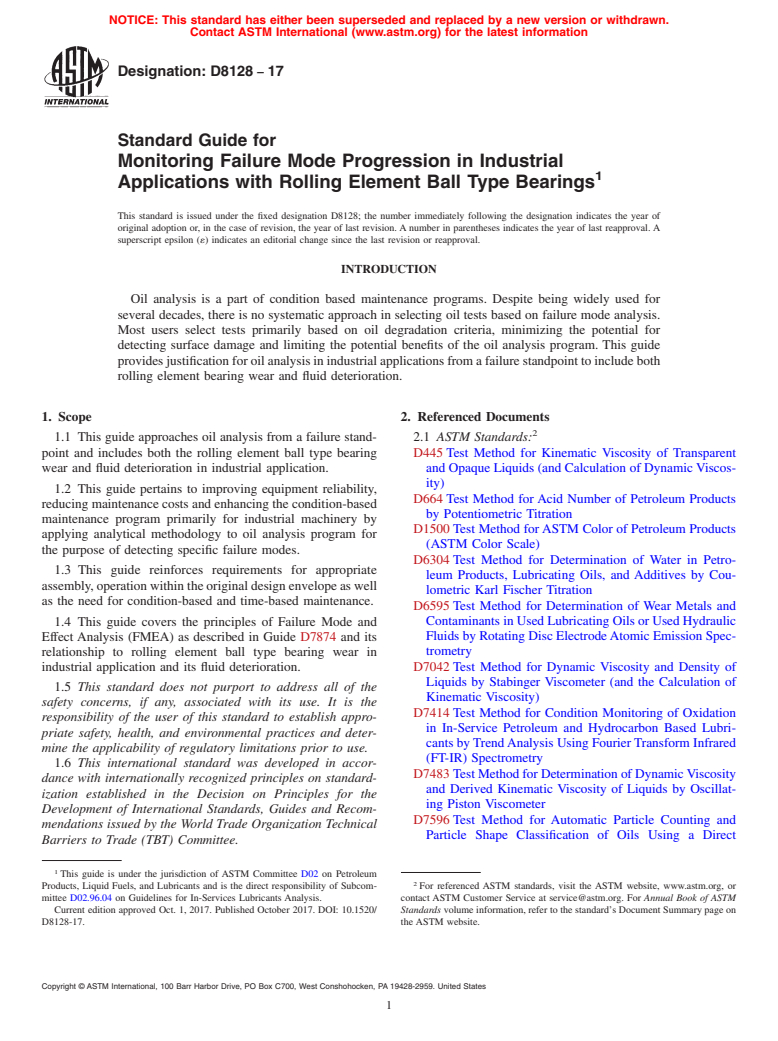 ASTM D8128-17 - Standard Guide for Monitoring Failure Mode Progression in Industrial Applications  with Rolling Element Ball Type Bearings