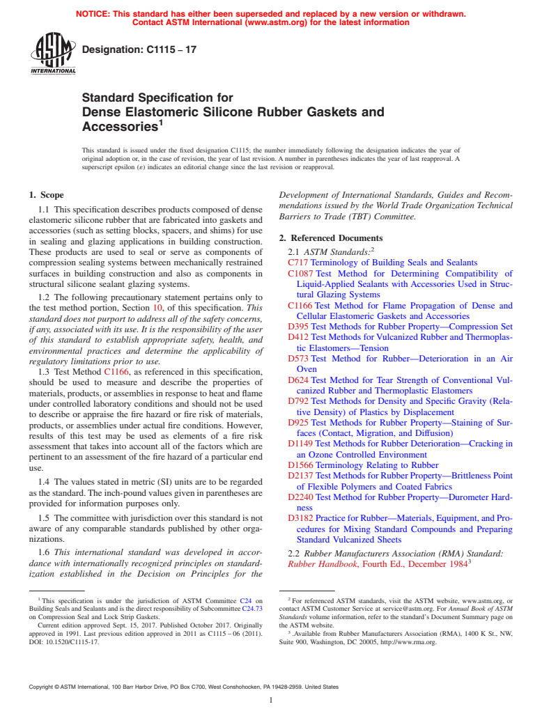 ASTM C1115-17 - Standard Specification for  Dense Elastomeric Silicone Rubber Gaskets and Accessories
