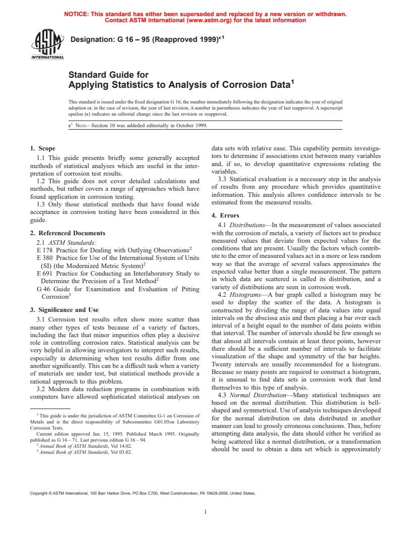 ASTM G16-95(1999)e1 - Standard Guide for Applying Statistics to Analysis of Corrosion Data