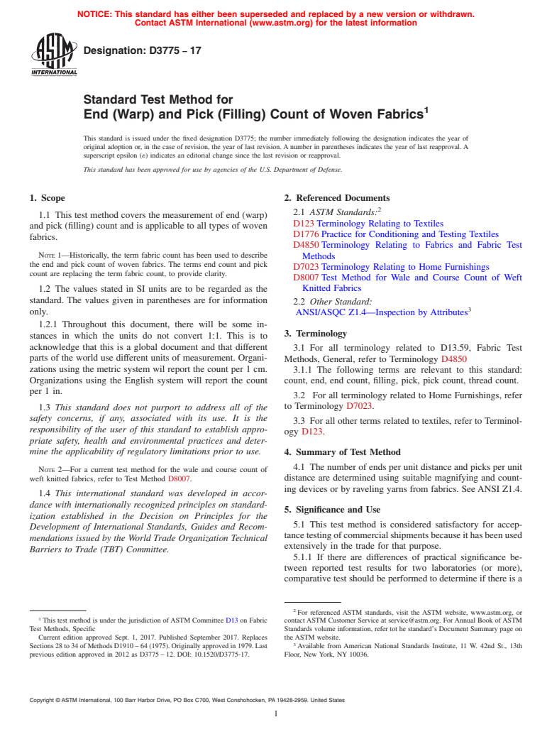 ASTM D3775-17 - Standard Test Method for  End (Warp) and Pick (Filling) Count of Woven Fabrics