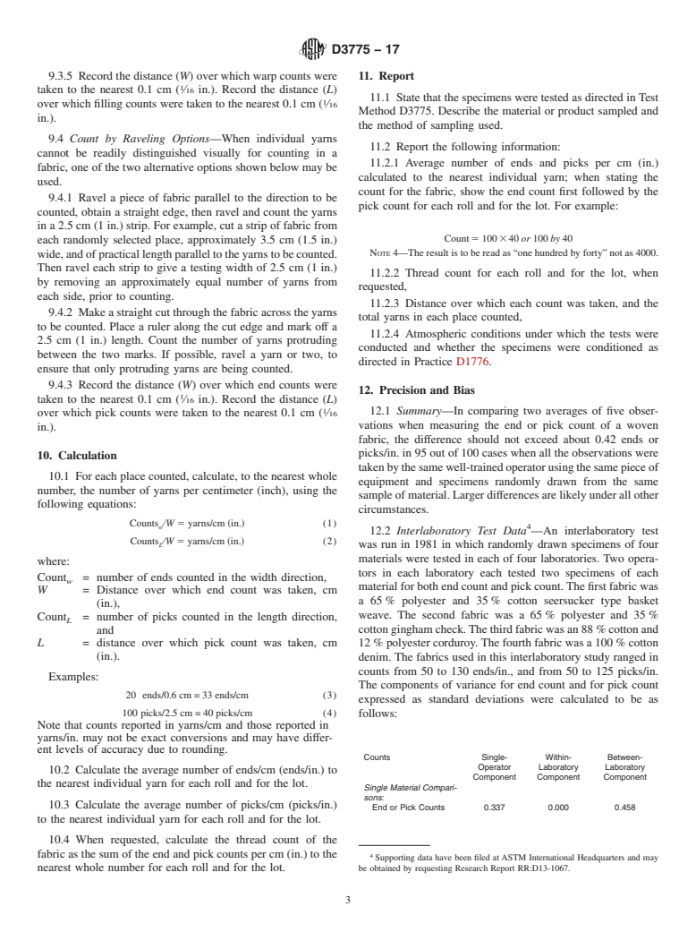 ASTM D3775-17 - Standard Test Method for  End (Warp) and Pick (Filling) Count of Woven Fabrics