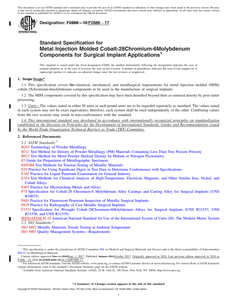 REDLINE ASTM F2886-17 - Standard Specification for  Metal Injection Molded Cobalt-28Chromium-6Molybdenum Components  for Surgical Implant Applications