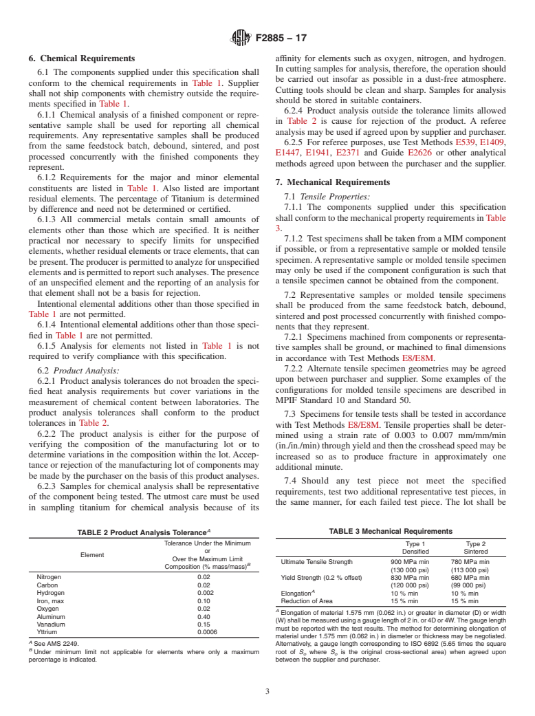 ASTM F2885-17 - Standard Specification for  Metal Injection Molded Titanium-6Aluminum-4Vanadium Components  for Surgical Implant Applications