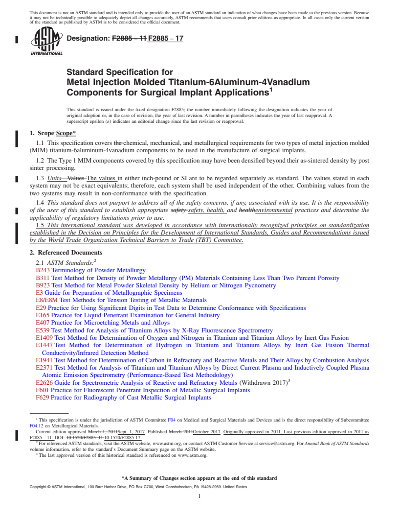 REDLINE ASTM F2885-17 - Standard Specification for  Metal Injection Molded Titanium-6Aluminum-4Vanadium Components  for Surgical Implant Applications