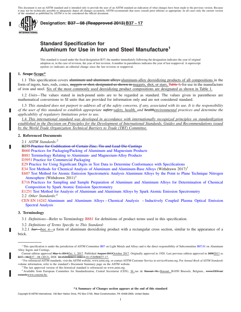 REDLINE ASTM B37-17 - Standard Specification for  Aluminum for Use in Iron and Steel Manufacture