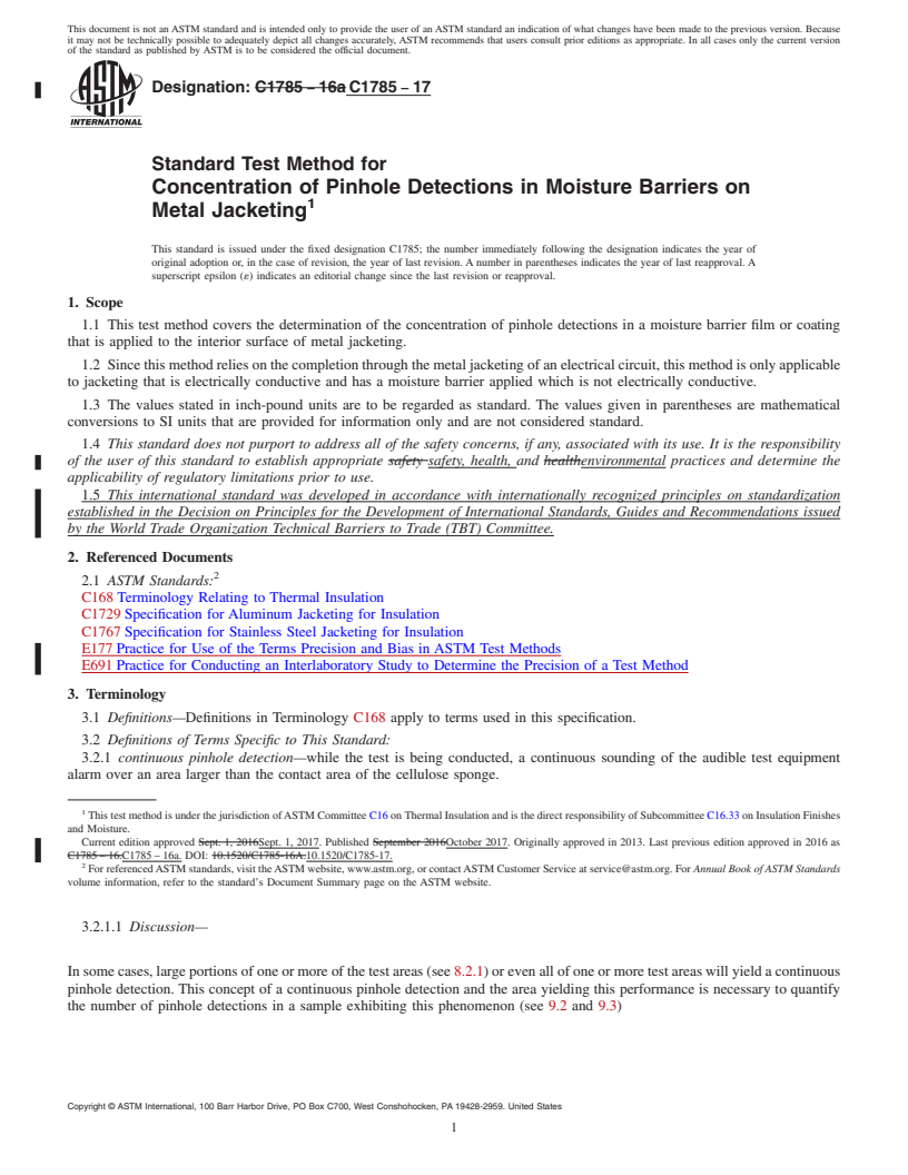 REDLINE ASTM C1785-17 - Standard Test Method for Concentration of Pinhole Detections in Moisture Barriers on  Metal Jacketing