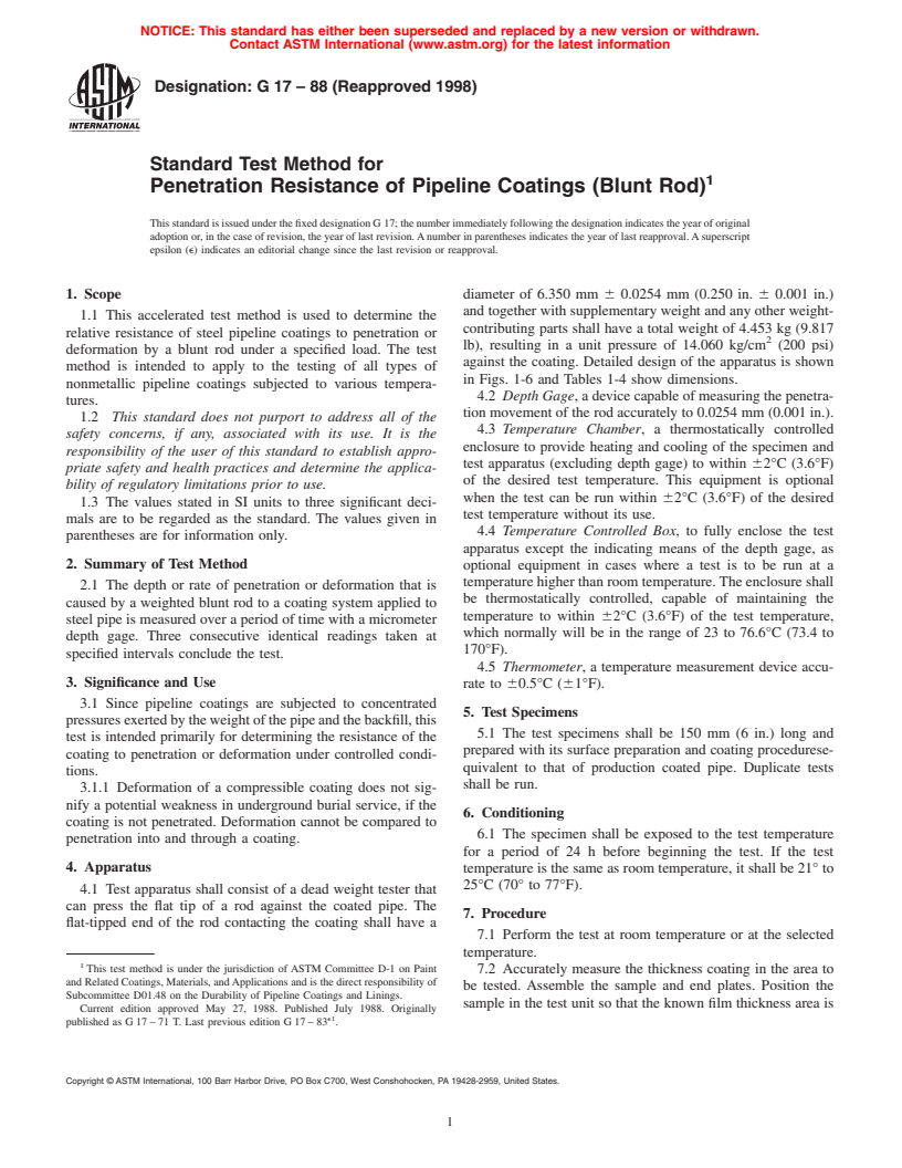 ASTM G17-88(1998) - Standard Test Method for Penetration Resistance of Pipeline Coatings (Blunt Rod) (Withdrawn 2007)