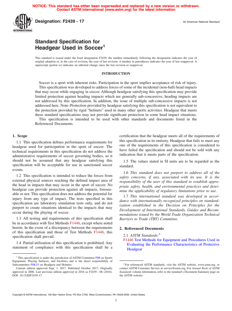 ASTM F2439-17 - Standard Specification for Headgear Used in Soccer