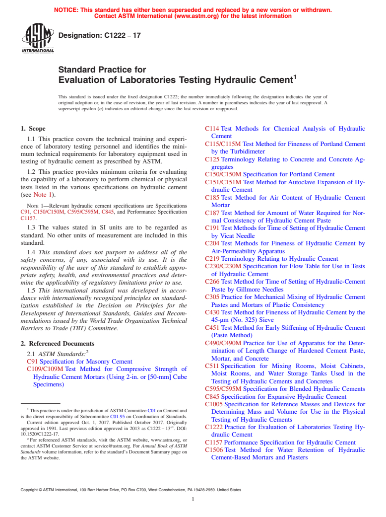 ASTM C1222-17 - Standard Practice for  Evaluation of Laboratories Testing Hydraulic Cement