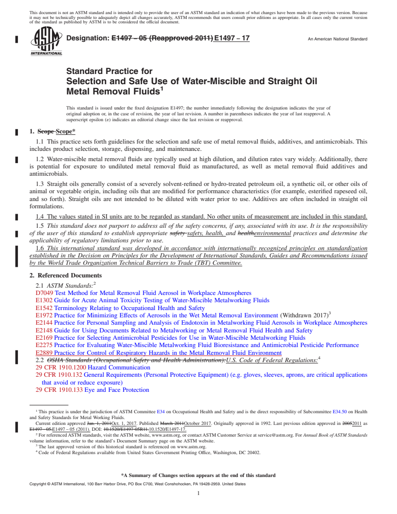 REDLINE ASTM E1497-17 - Standard Practice for  Selection and Safe Use of Water-Miscible and Straight Oil Metal  Removal Fluids