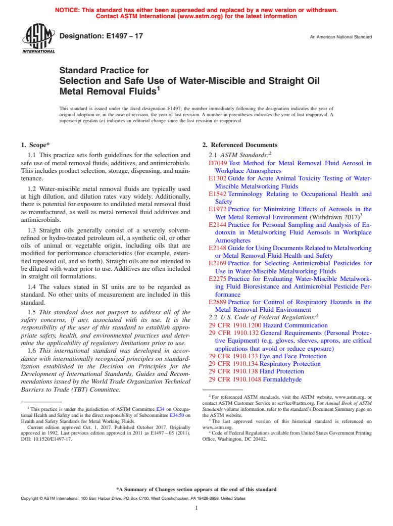 ASTM E1497-17 - Standard Practice for  Selection and Safe Use of Water-Miscible and Straight Oil Metal  Removal Fluids