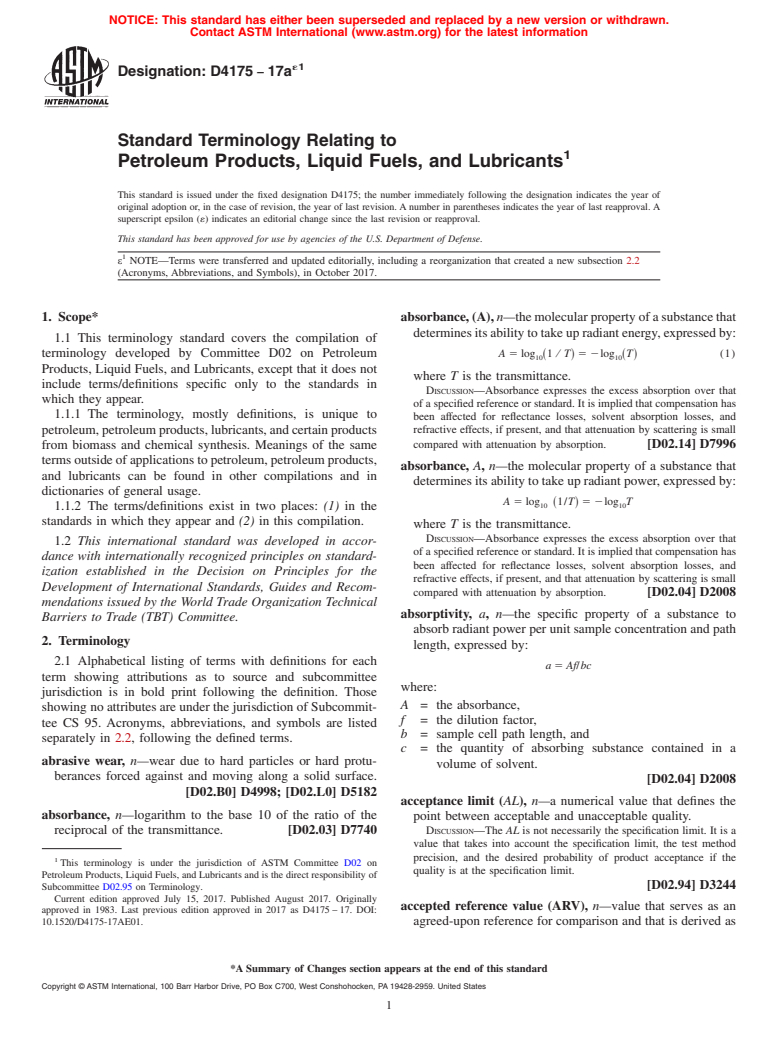 ASTM D4175-17ae1 - Standard Terminology Relating to Petroleum Products, Liquid Fuels, and Lubricants