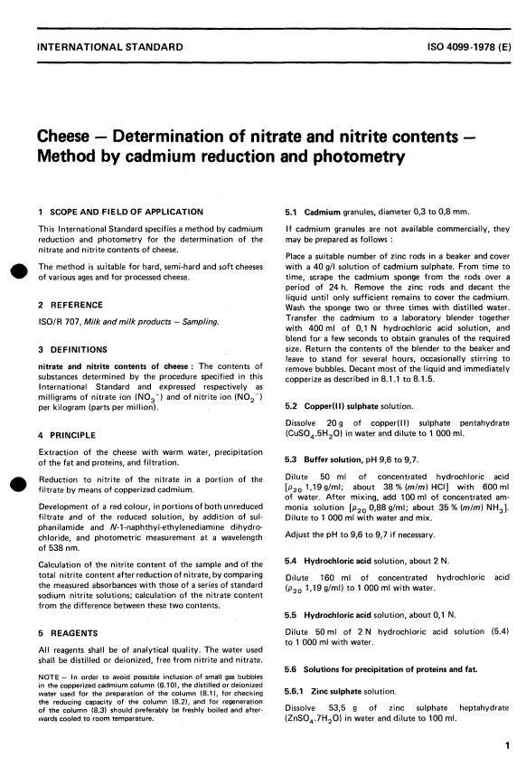 ISO 4099:1978 - Cheese -- Determination of nitrate and nitrite contents -- Method by cadmium reduction and photometry