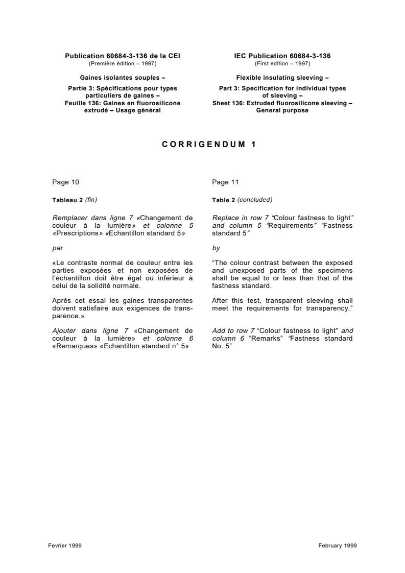 IEC 60684-3-136:1997/COR1:1999 - Corrigendum 1 - Flexible insulating sleeving - Part 3: Specification for individual types of sleeving - Sheet 136: Extruded fluorosilicone sleeving -  General purpose
Released:19. 02. 1999