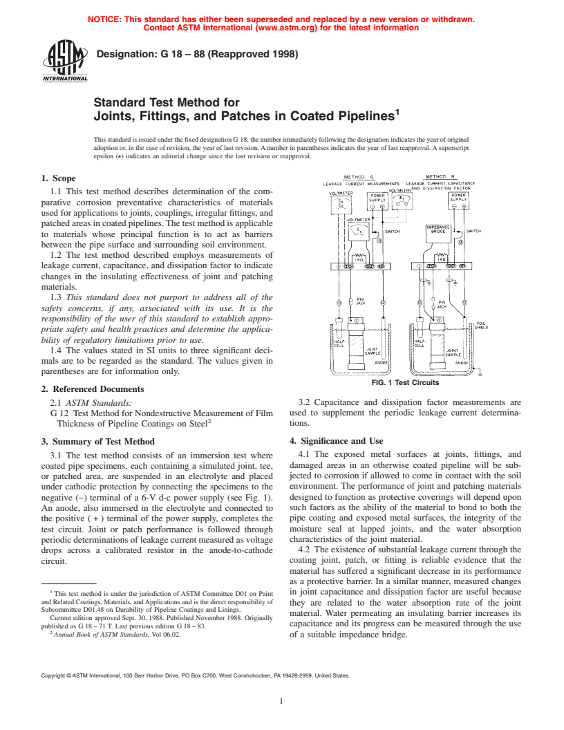ASTM G18-88(1998) - Standard Test Method for Joints, Fittings, and Patches in Coated Pipelines (Withdrawn 2007)