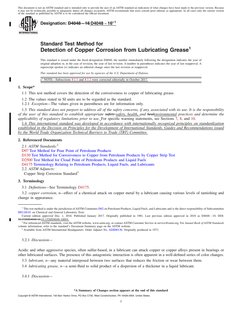 REDLINE ASTM D4048-16e1 - Standard Test Method for  Detection of Copper Corrosion from Lubricating Grease