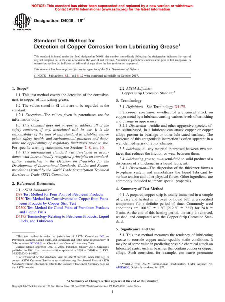 ASTM D4048-16e1 - Standard Test Method for  Detection of Copper Corrosion from Lubricating Grease