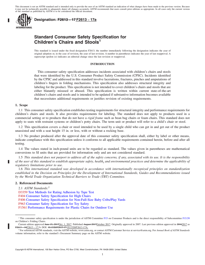 REDLINE ASTM F2613-17a - Standard Consumer Safety Specification for  Children's Chairs and Stools