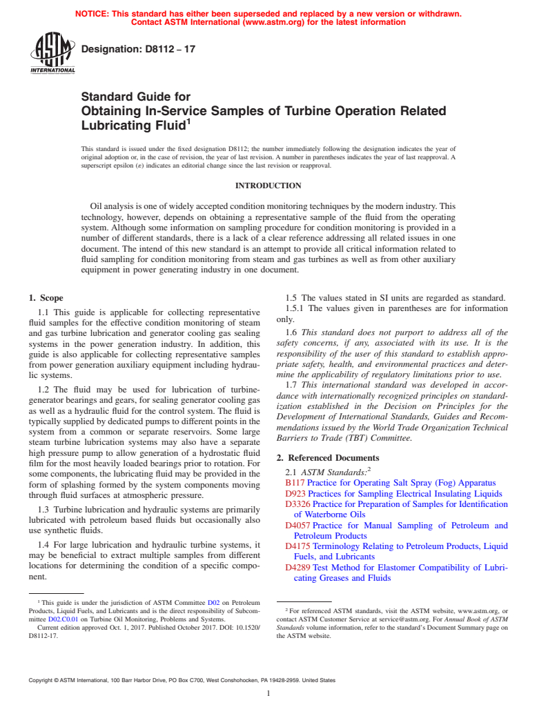 ASTM D8112-17 - Standard Guide for Obtaining In-Service Samples of Turbine Operation Related Lubricating  Fluid